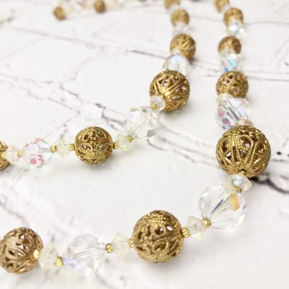 Vintage Aurora Borealis Iridescent Crystal and Gold tone 2 Strand Necklace 217 - Picture 2 of 12